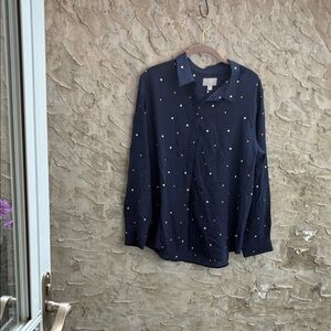 Women’s Pure 100% Silk Collection Navy Blue Button Down Shirt Polka Dots Sz. 12